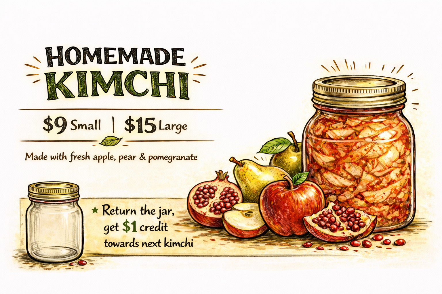 Homemade kimchi with apple, pear, and pomegranate